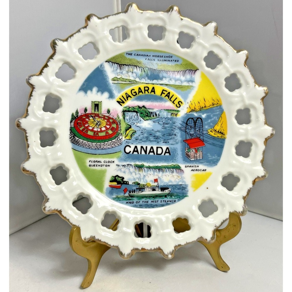 Vintage Niagara Falls Canada Souvenir Plate 6" Gold Trim Floral Clock Aerocar